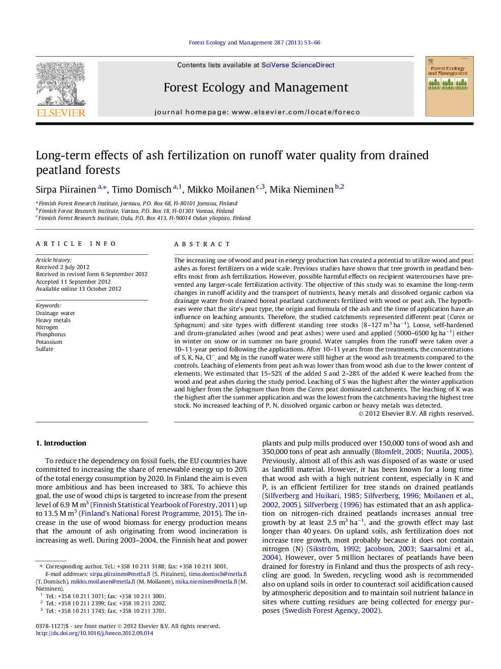 Long-term effects of ash fertilization on runoff water quality from drained peatland forests