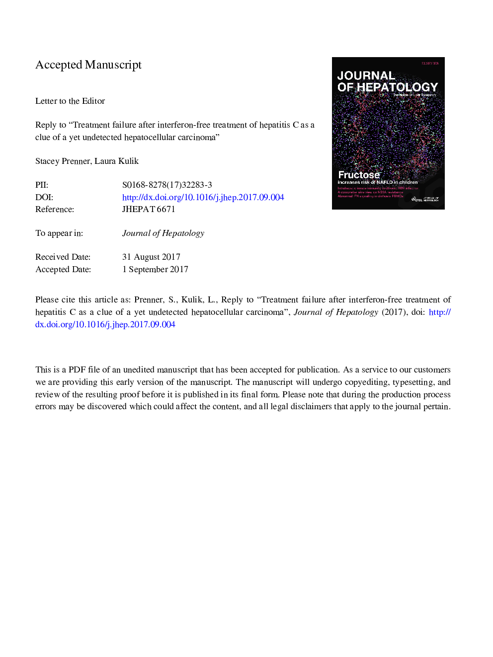 عکس صفحه اول مقاله: Reply to: “Treatment failure after interferon-free treatment of hepatitis C as a clue of a yet undetected hepatocellular carcinoma” Reply to: “Treatment failure after interferon-free treatment of hepatitis C as a clue of a yet undetected hepatocellular carcinoma”