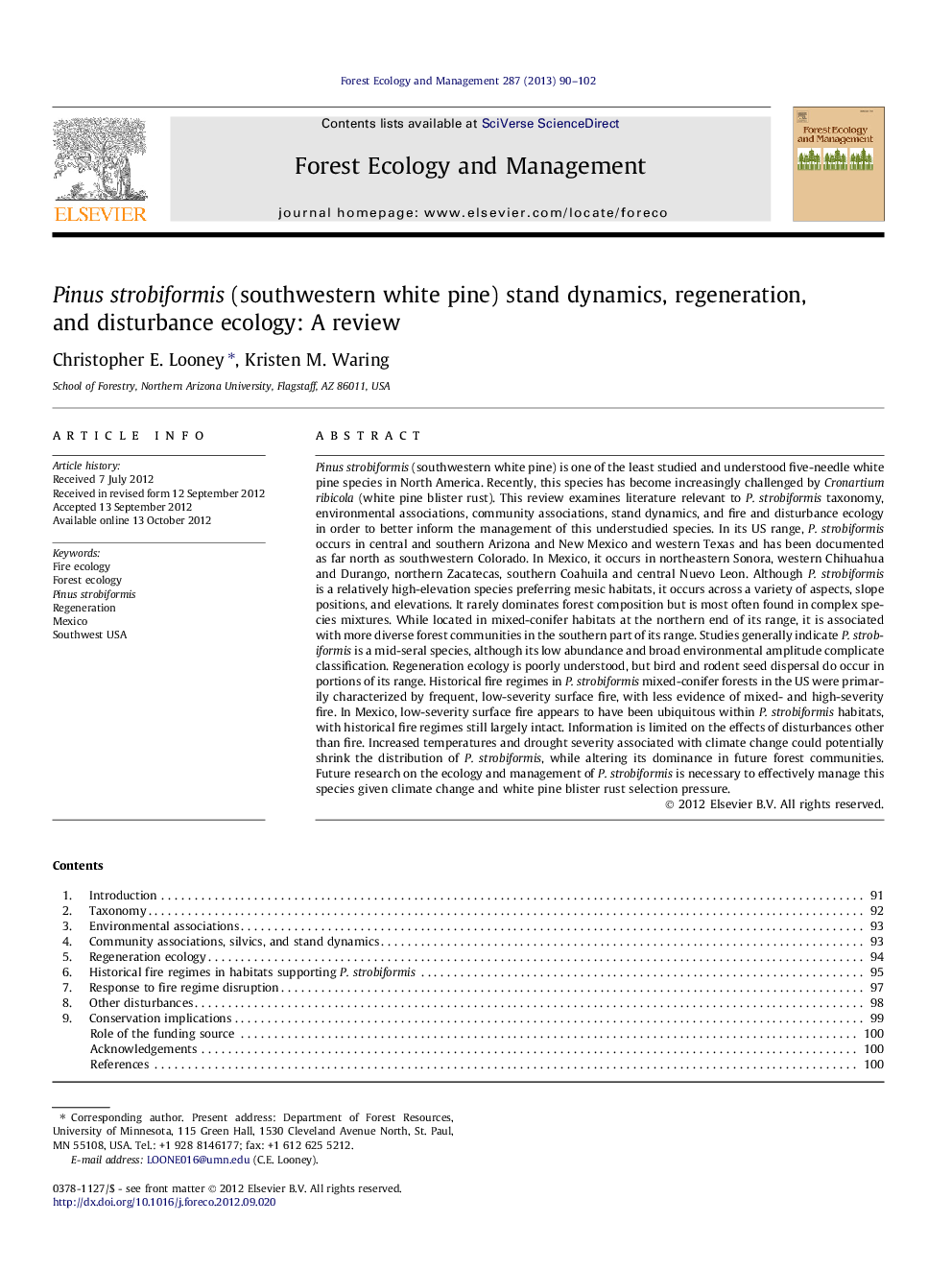 Pinus strobiformis (southwestern white pine) stand dynamics, regeneration, and disturbance ecology: A review