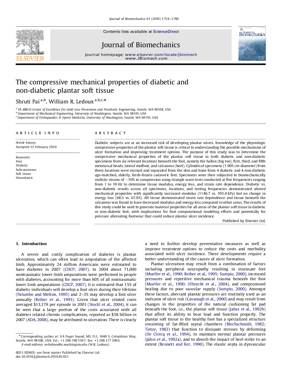 The compressive mechanical properties of diabetic and non-diabetic plantar soft tissue