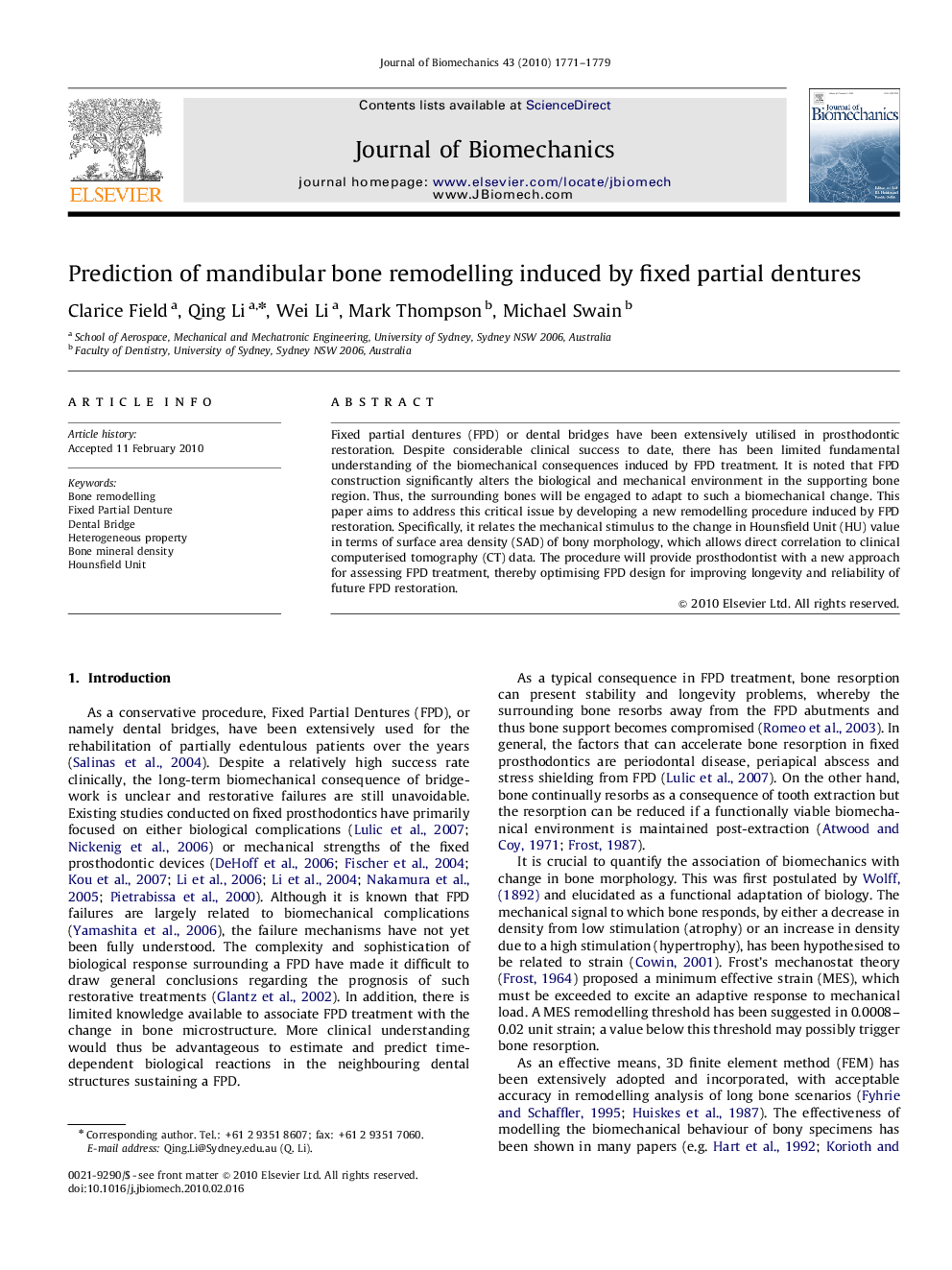 Prediction of mandibular bone remodelling induced by fixed partial dentures