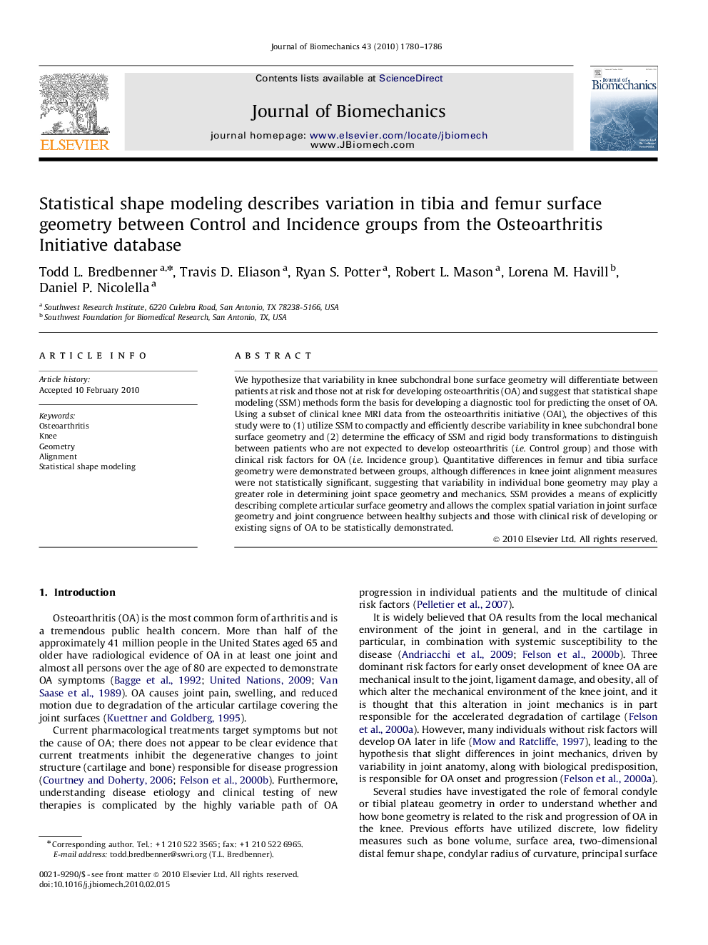 Statistical shape modeling describes variation in tibia and femur surface geometry between Control and Incidence groups from the Osteoarthritis Initiative database