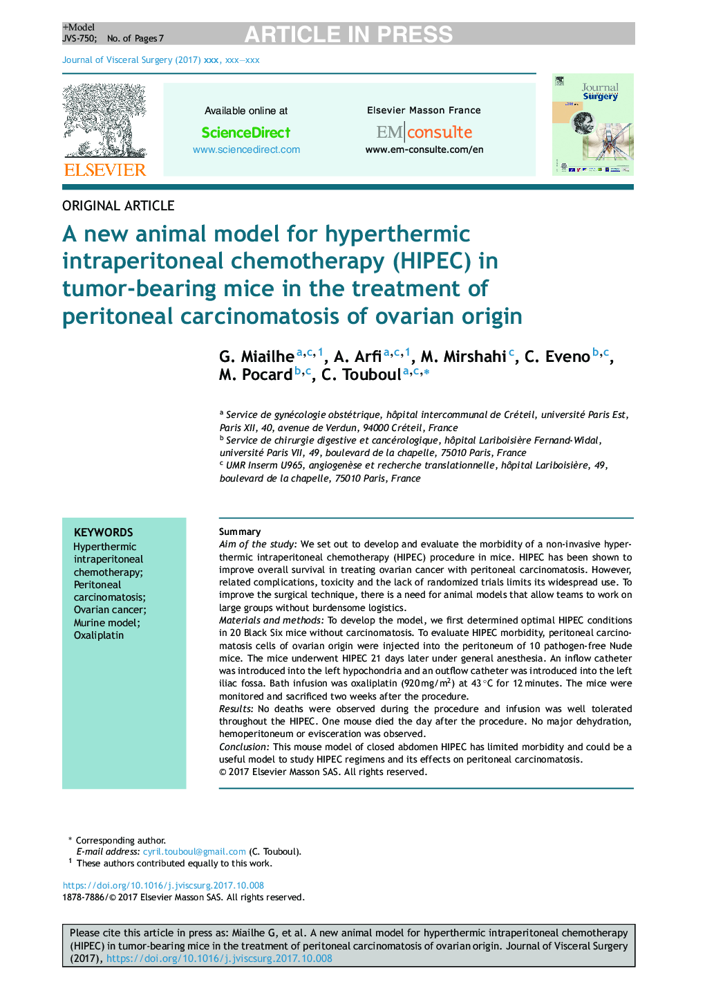 A new animal model for hyperthermic intraperitoneal chemotherapy (HIPEC) in tumor-bearing mice in the treatment of peritoneal carcinomatosis of ovarian origin