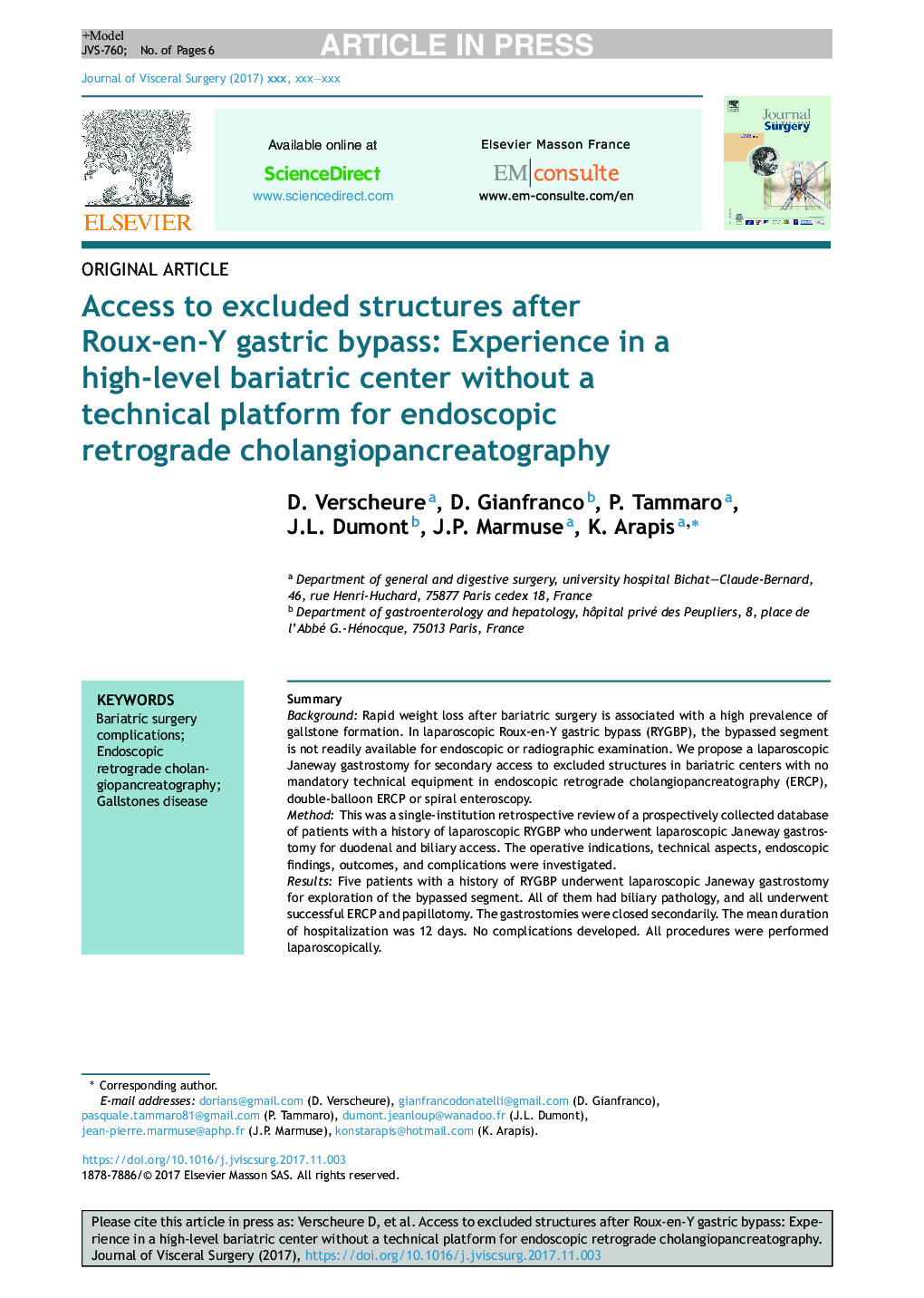 Access to excluded structures after Roux-en-Y gastric bypass: Experience in a high-level bariatric center without a technical platform for endoscopic retrograde cholangiopancreatography