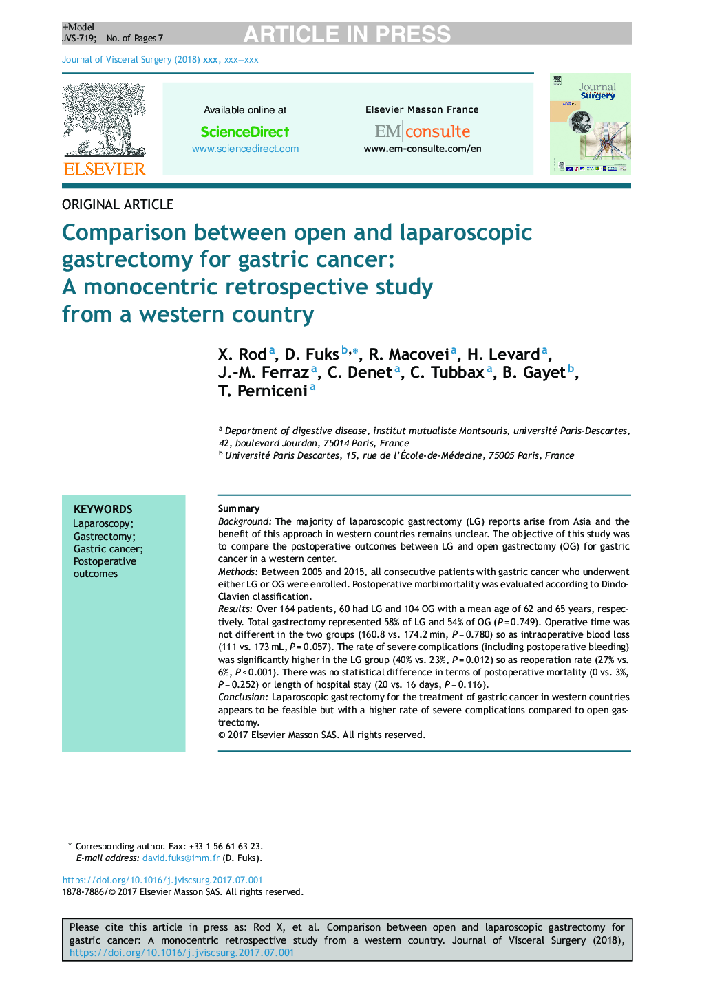 مقایسه بین گاسترکتومی باز و لاپاراسکوپی برای سرطان معده: یک مطالعه گذشته نگر تک چشمی از یک کشور غربی 
