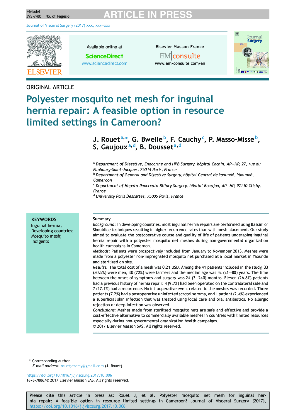 Polyester mosquito net mesh for inguinal hernia repair: A feasible option in resource limited settings in Cameroon?