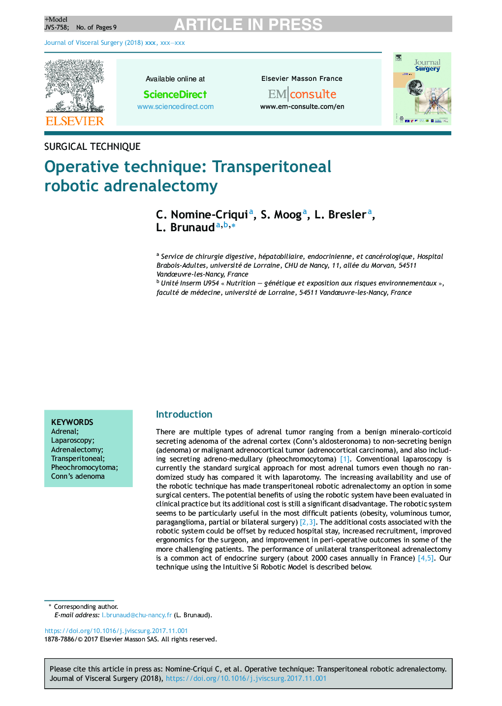 Operative technique: Transperitoneal robotic adrenalectomy