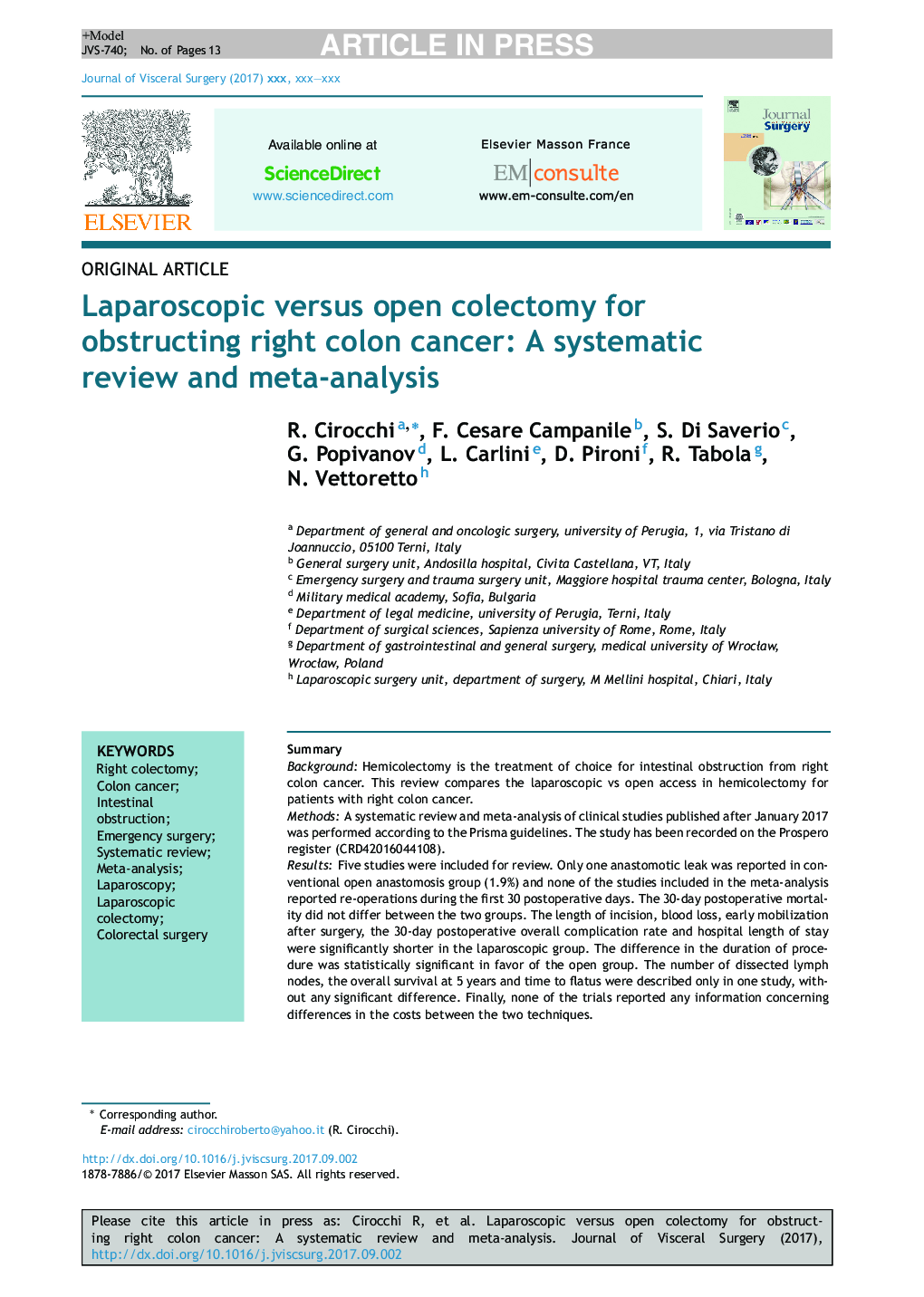 Laparoscopic versus open colectomy for obstructing right colon cancer: A systematic review and meta-analysis