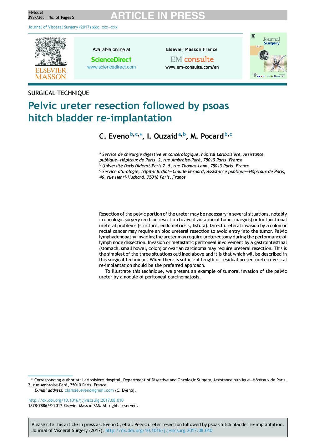 Pelvic ureter resection followed by psoas hitch bladder re-implantation