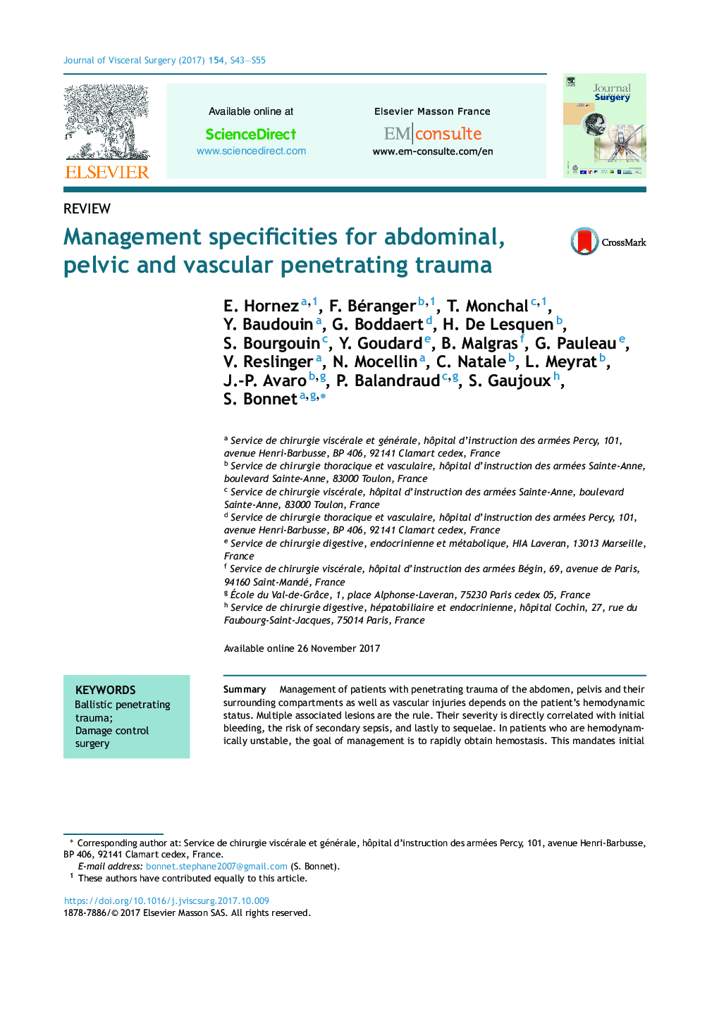 Management specificities for abdominal, pelvic and vascular penetrating trauma