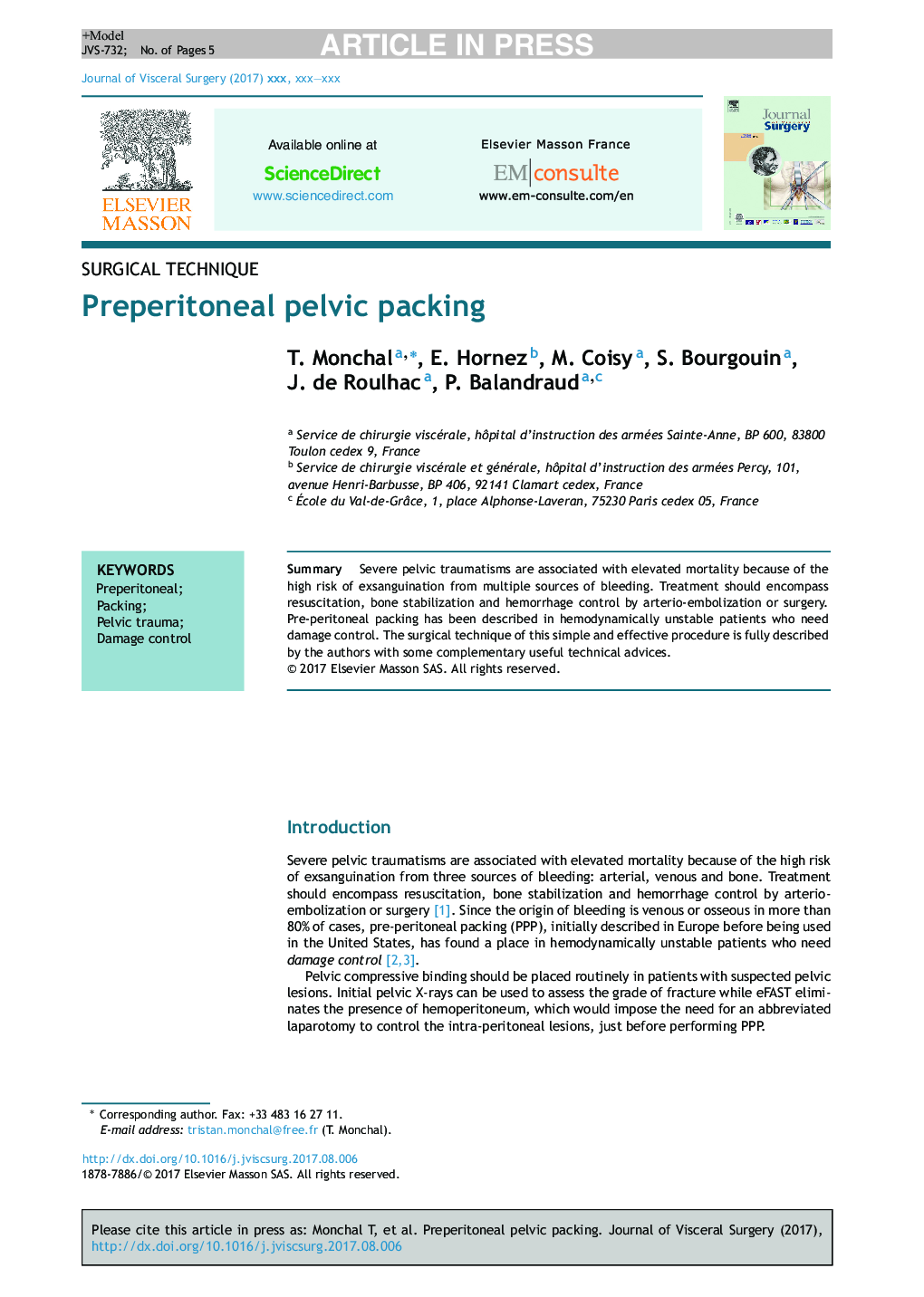 Preperitoneal pelvic packing