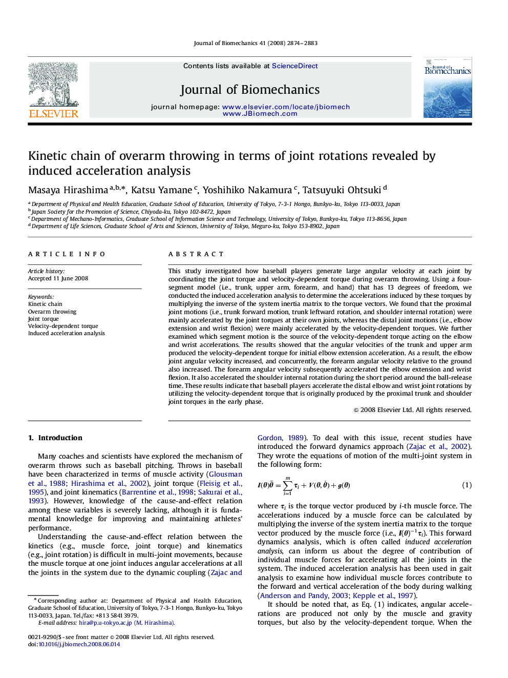 Kinetic chain of overarm throwing in terms of joint rotations revealed by induced acceleration analysis