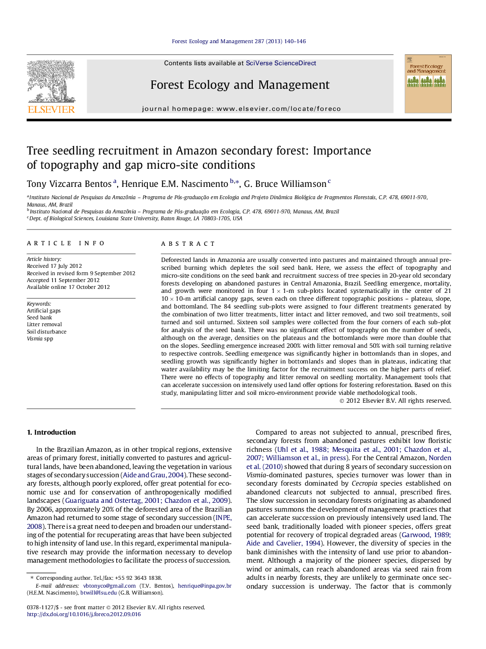 Tree seedling recruitment in Amazon secondary forest: Importance of topography and gap micro-site conditions