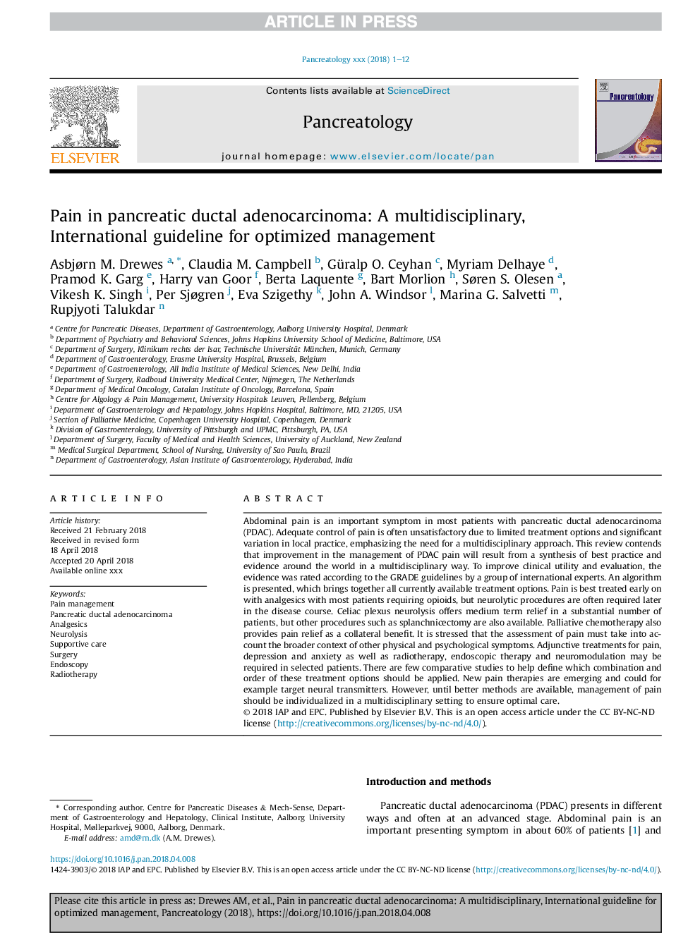 Pain in pancreatic ductal adenocarcinoma: A multidisciplinary, International guideline for optimized management