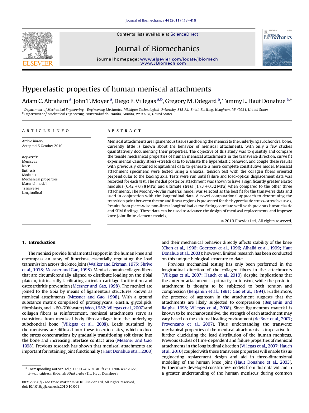 Hyperelastic properties of human meniscal attachments