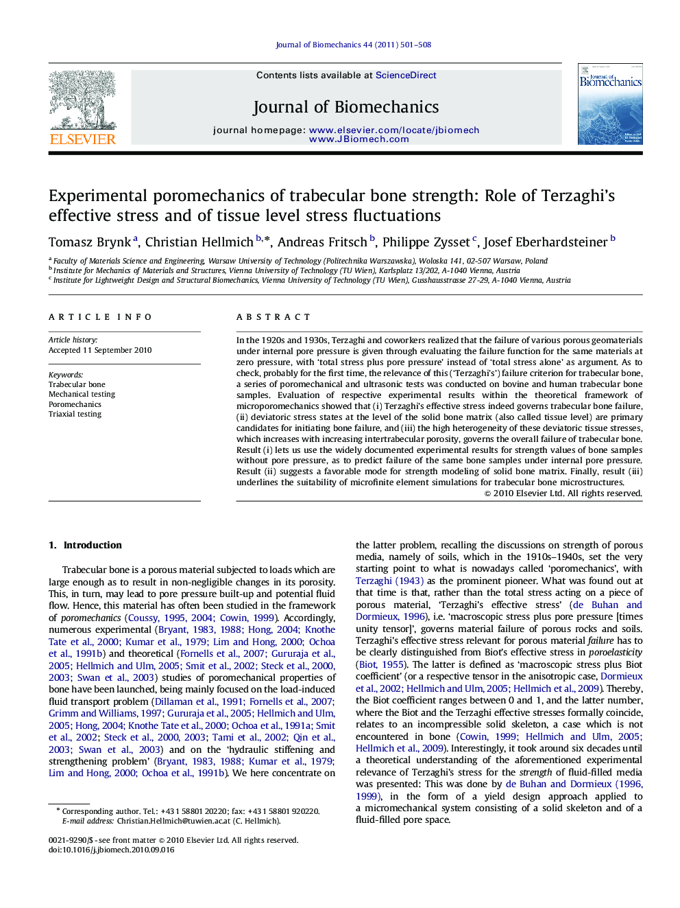 Experimental poromechanics of trabecular bone strength: Role of Terzaghi's effective stress and of tissue level stress fluctuations