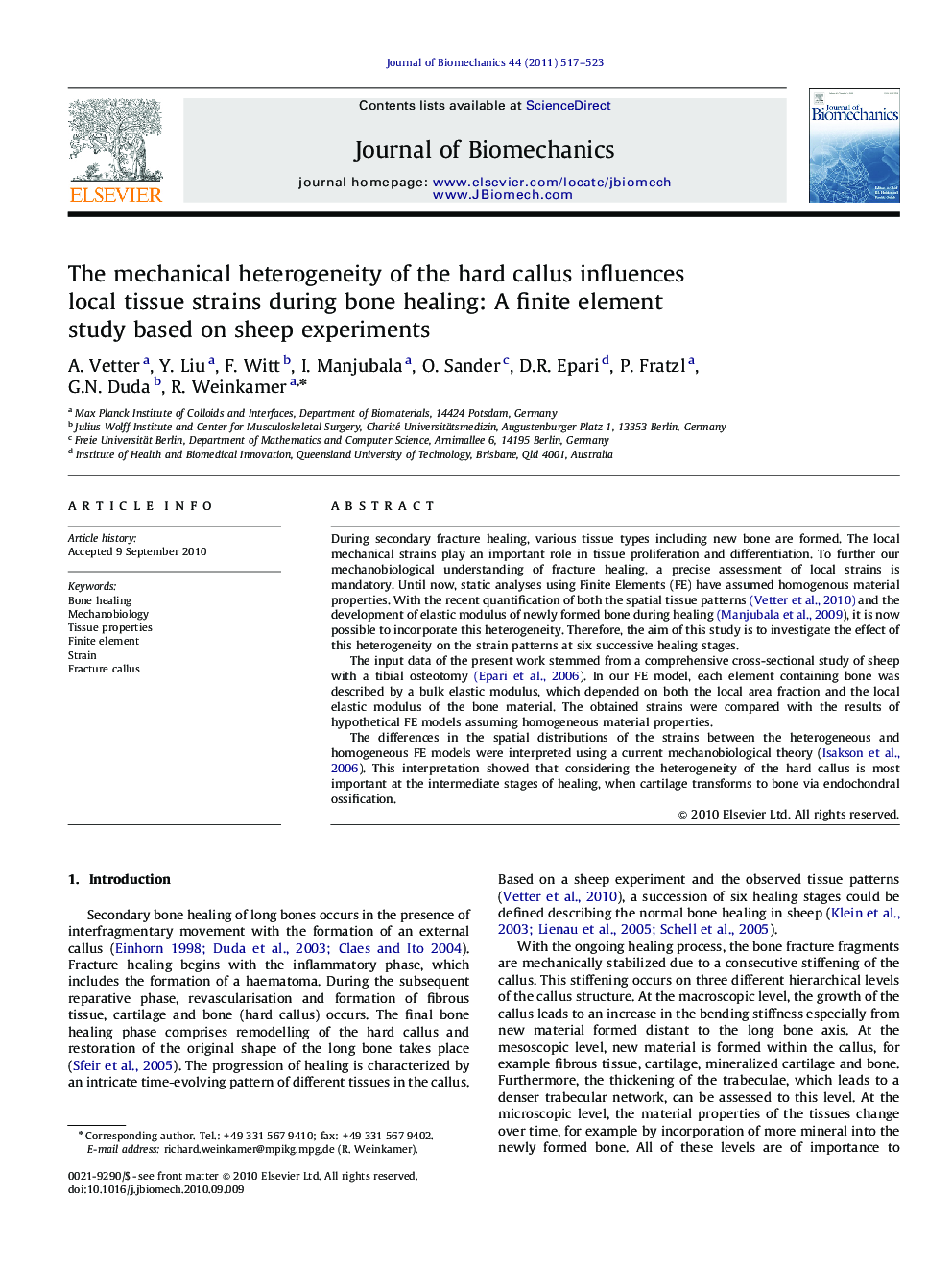 The mechanical heterogeneity of the hard callus influences local tissue strains during bone healing: A finite element study based on sheep experiments