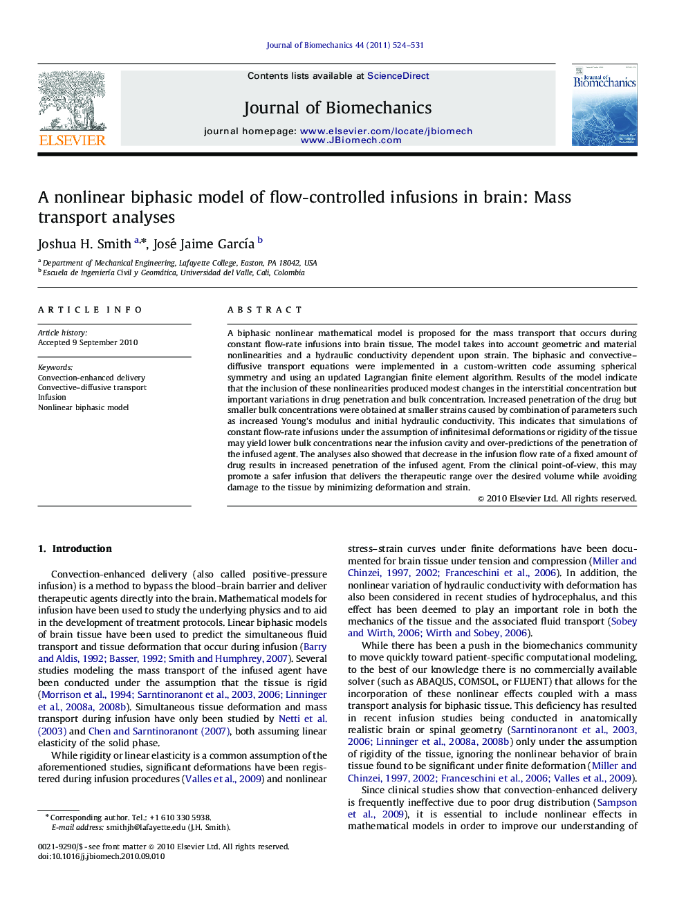 A nonlinear biphasic model of flow-controlled infusions in brain: Mass transport analyses