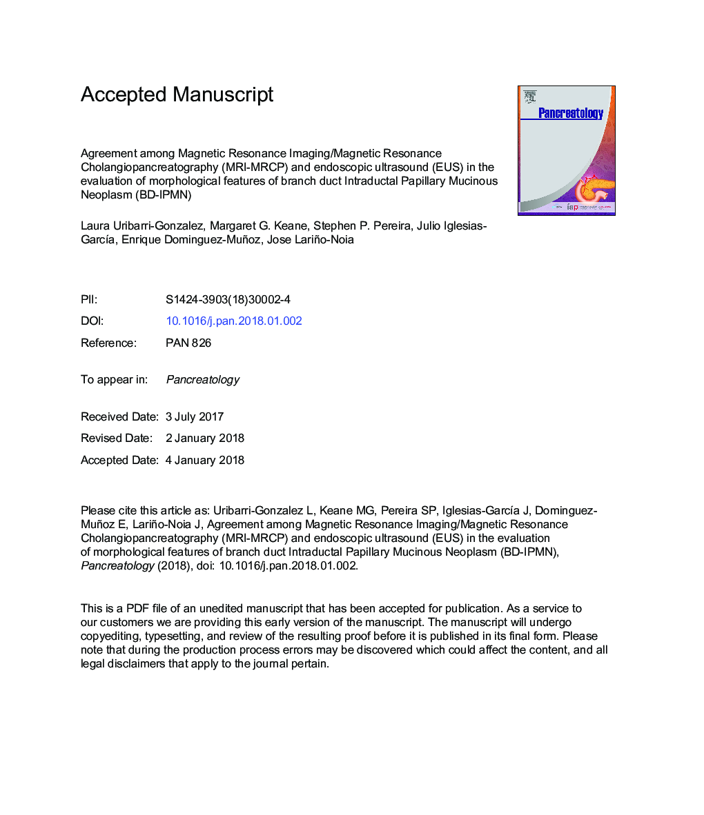 Agreement among Magnetic Resonance Imaging/Magnetic Resonance Cholangiopancreatography (MRI-MRCP) and Endoscopic Ultrasound (EUS) in the evaluation of morphological features of Branch Duct Intraductal Papillary Mucinous Neoplasm (BD-IPMN)