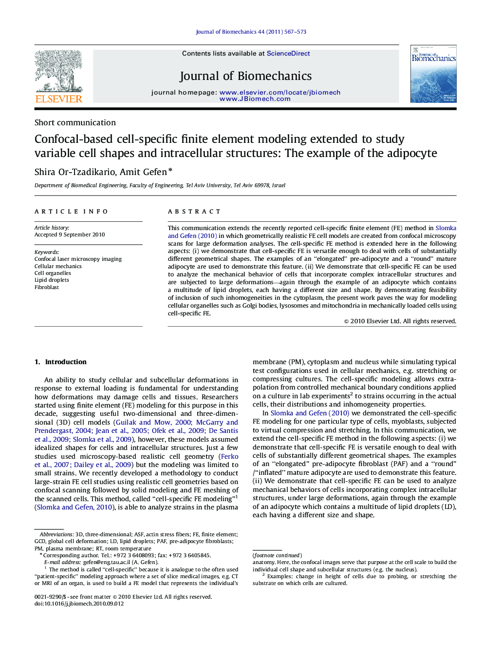 Confocal-based cell-specific finite element modeling extended to study variable cell shapes and intracellular structures: The example of the adipocyte