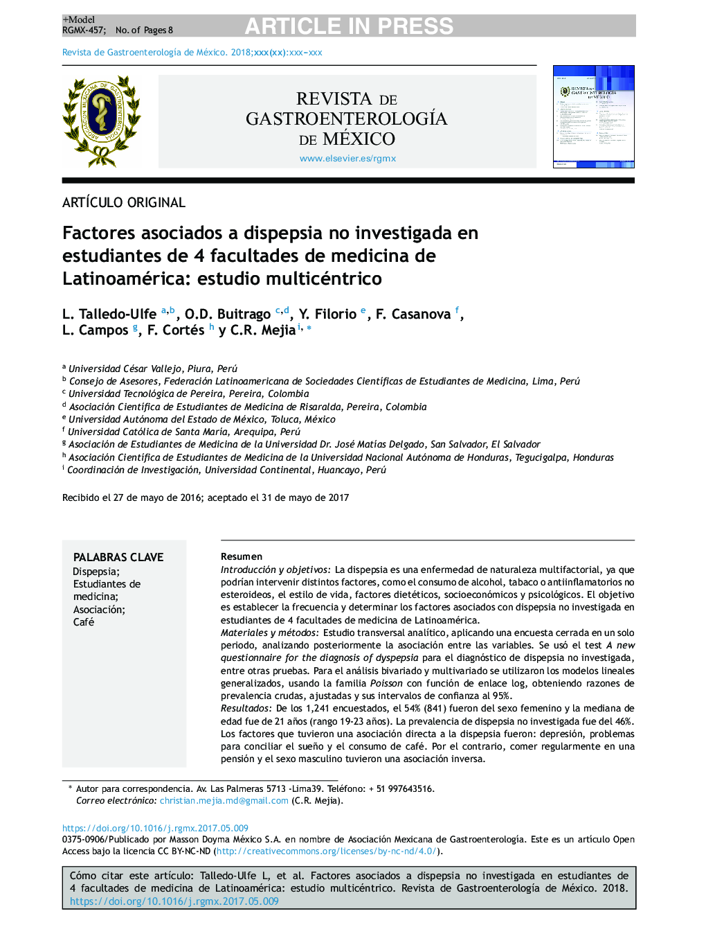 Factores asociados a dispepsia no investigada en estudiantes de 4 facultades de medicina de Latinoamérica: estudio multicéntrico