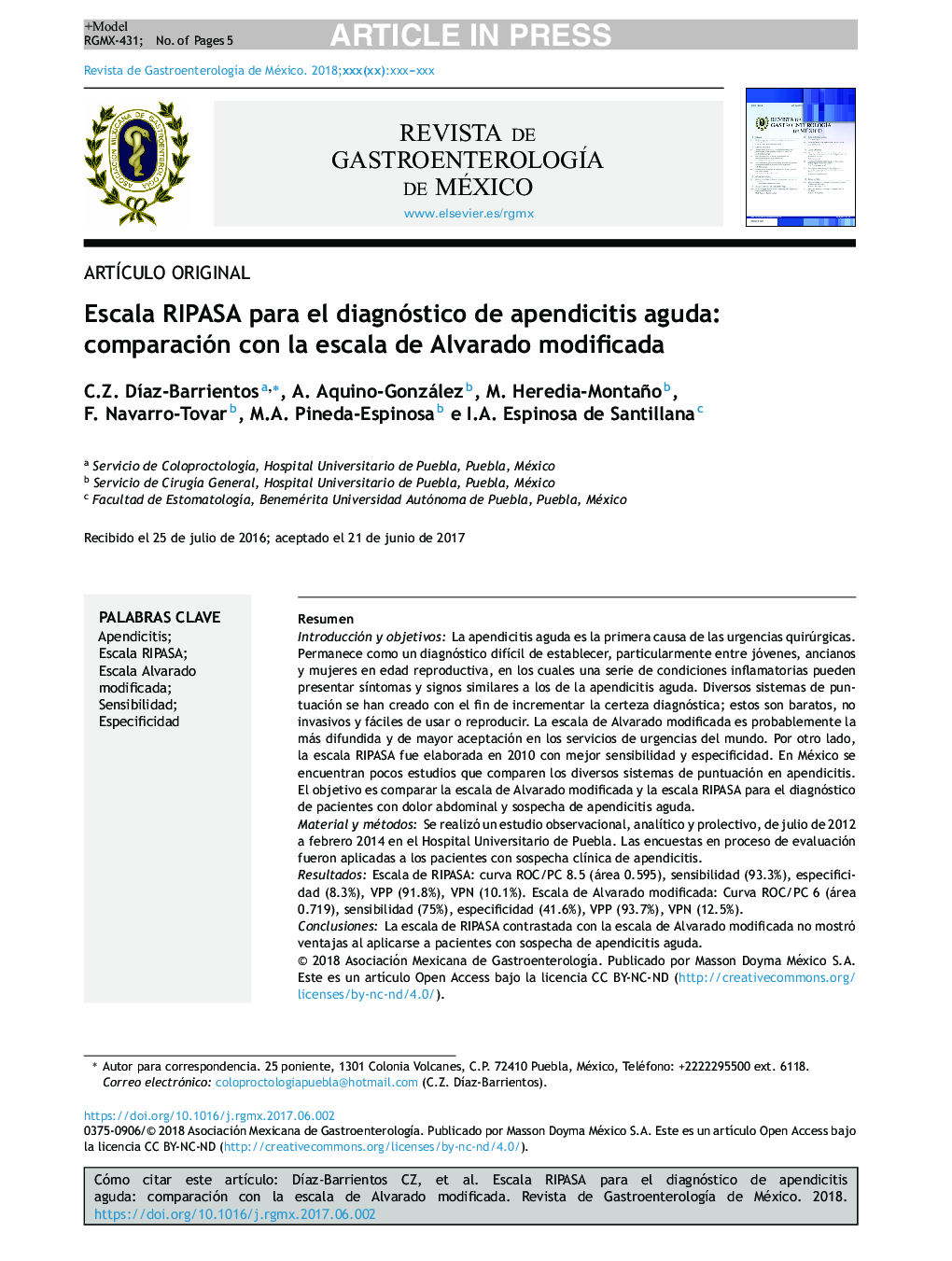 Escala RIPASA para el diagnóstico de apendicitis aguda: comparación con la escala de Alvarado modificada