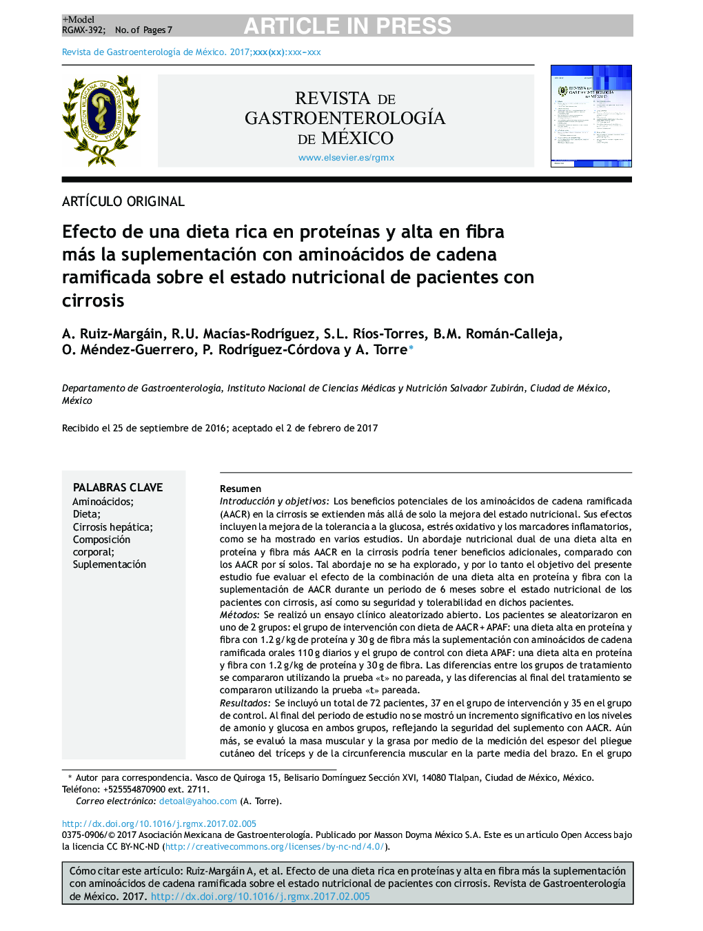 Efecto de una dieta rica en proteÃ­nas y alta en fibra más la suplementación con aminoácidos de cadena ramificada sobre el estado nutricional de pacientes con cirrosis