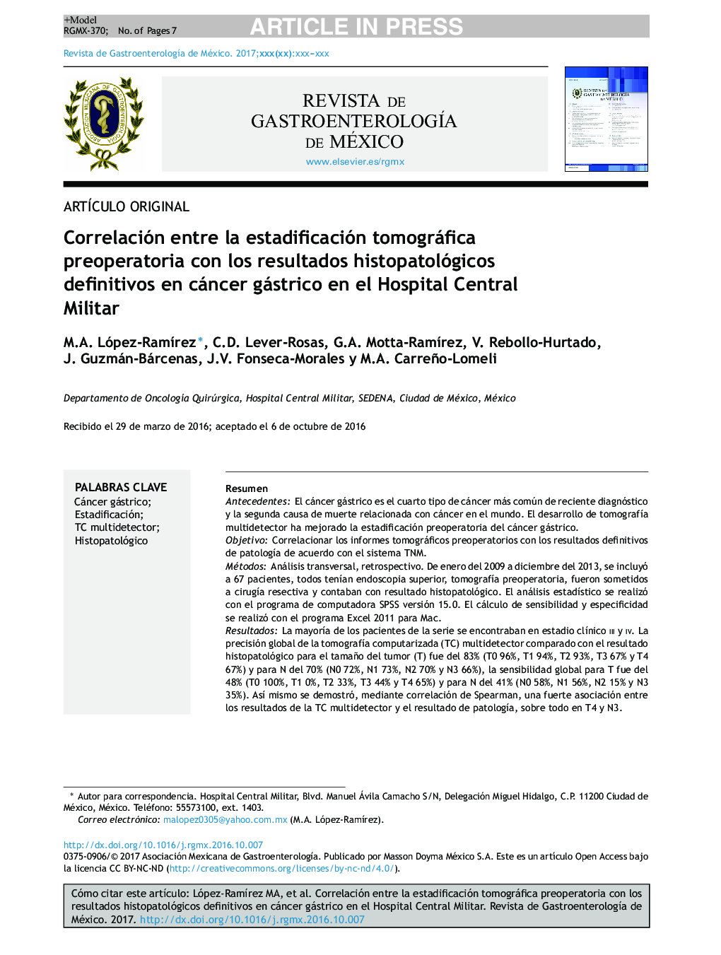 Correlación entre la estadificación tomográfica preoperatoria con los resultados histopatológicos definitivos en cáncer gástrico en el Hospital Central Militar