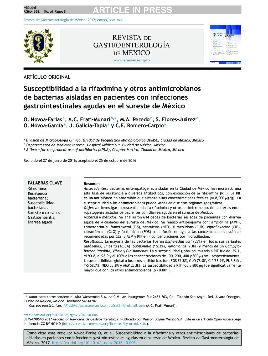 Susceptibilidad a la rifaximina y otros antimicrobianos de bacterias aisladas en pacientes con infecciones gastrointestinales agudas en el sureste de México