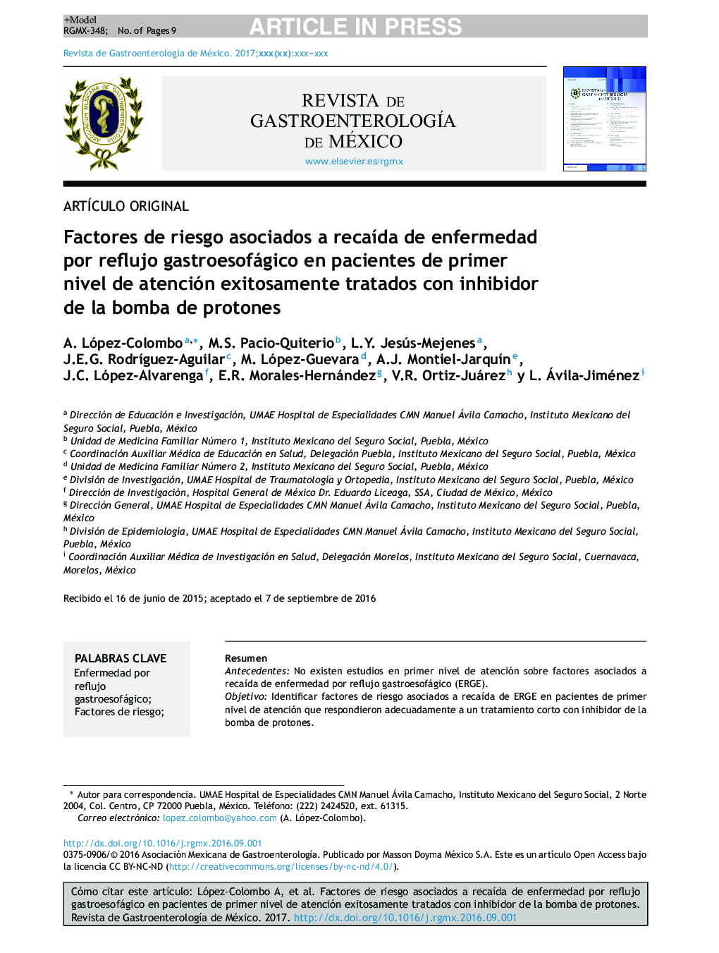 Factores de riesgo asociados a recaÃ­da de enfermedad por reflujo gastroesofágico en pacientes de primer nivel de atención exitosamente tratados con inhibidor de la bomba de protones