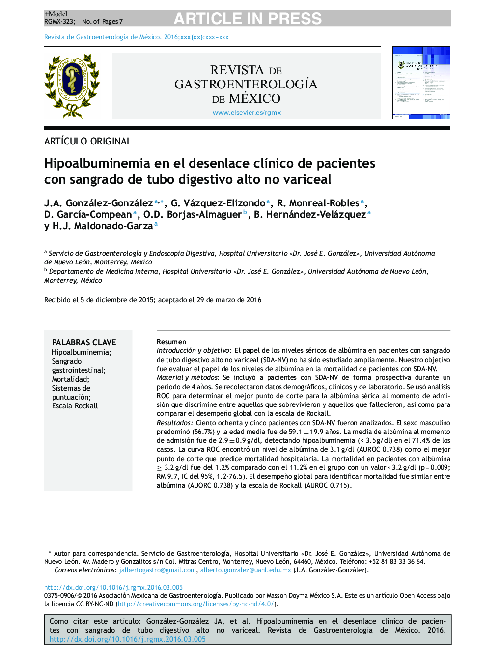 Hipoalbuminemia en el desenlace clÃ­nico de pacientes con sangrado de tubo digestivo alto no variceal