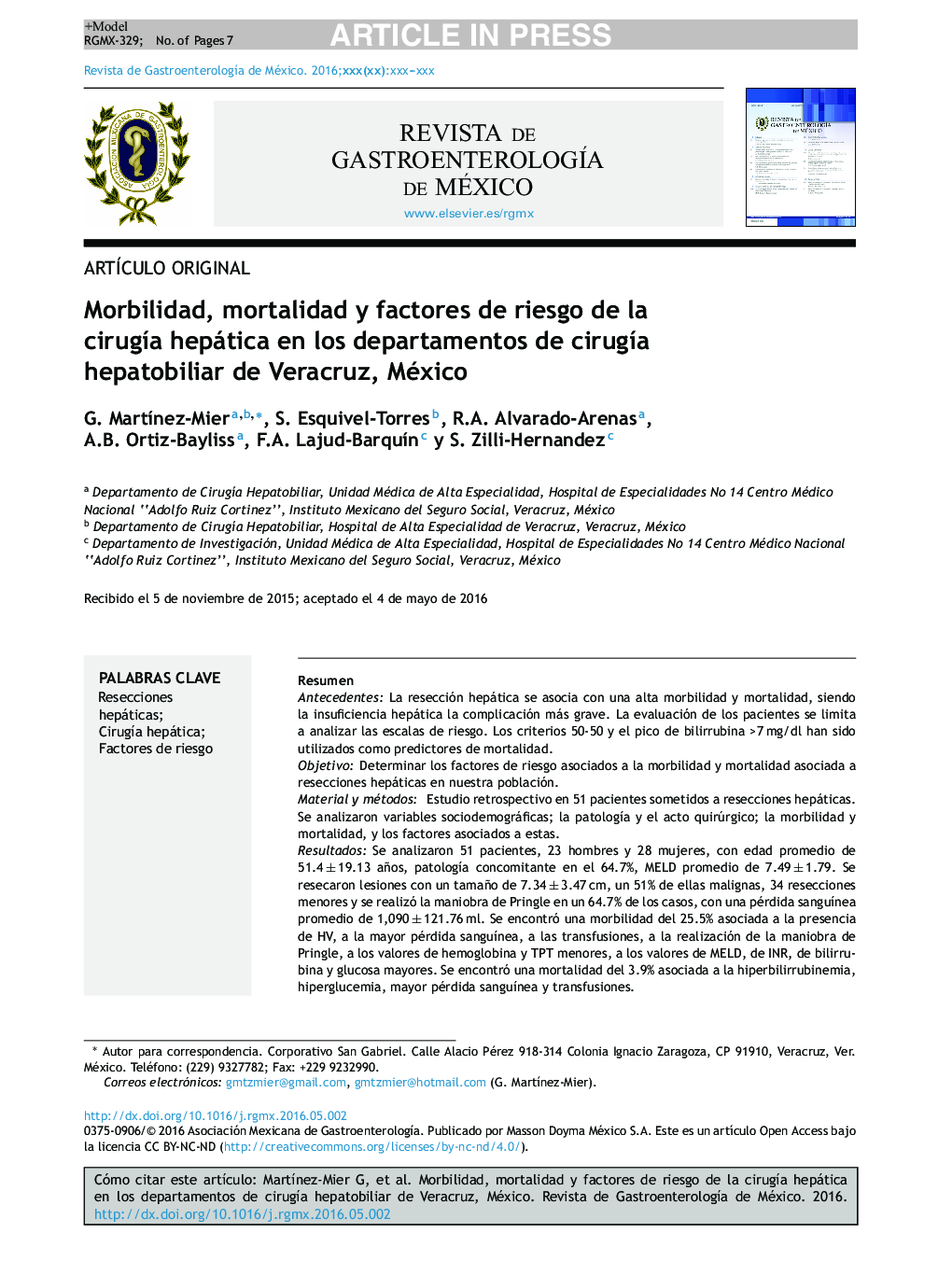 Morbilidad, mortalidad y factores de riesgo de la cirugÃ­a hepática en los departamentos de cirugÃ­a hepatobiliar de Veracruz, México