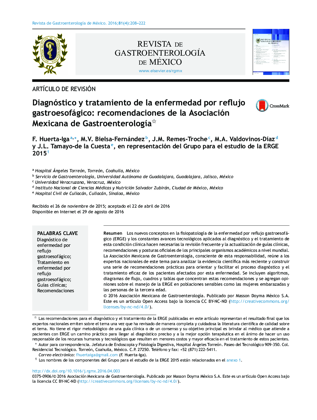 Diagnóstico y tratamiento de la enfermedad por reflujo gastroesofágico: recomendaciones de la Asociación Mexicana de GastroenterologÃ­a