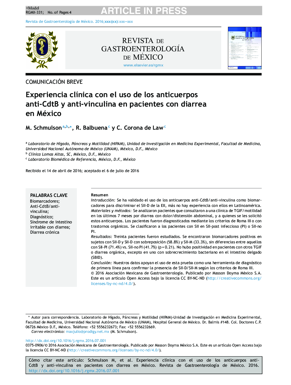 Experiencia clÃ­nica con el uso de los anticuerpos anti-CdtB y anti-vinculina en pacientes con diarrea en México