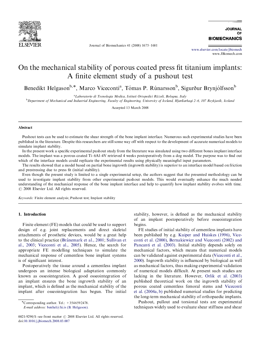 On the mechanical stability of porous coated press fit titanium implants: A finite element study of a pushout test