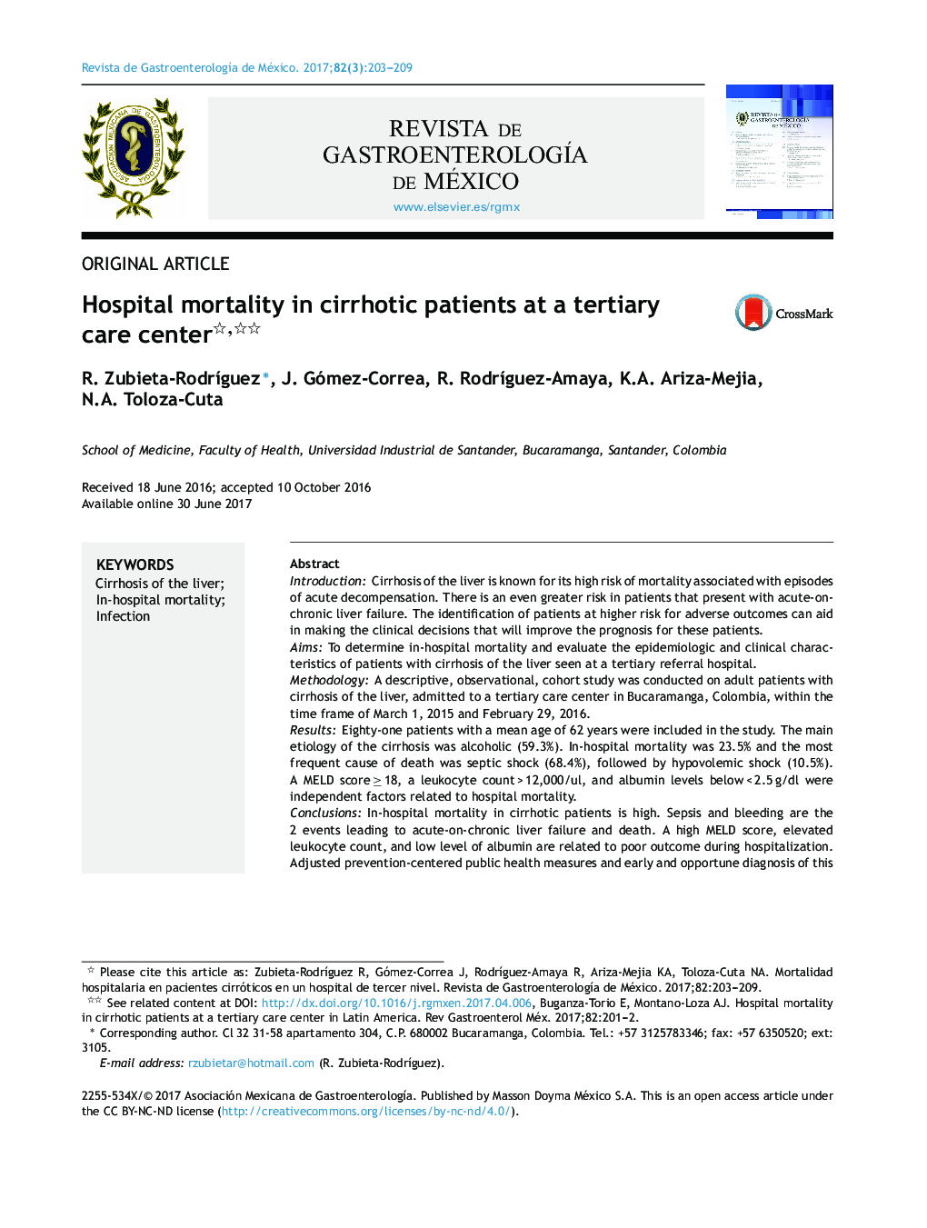 Hospital mortality in cirrhotic patients at a tertiary care center