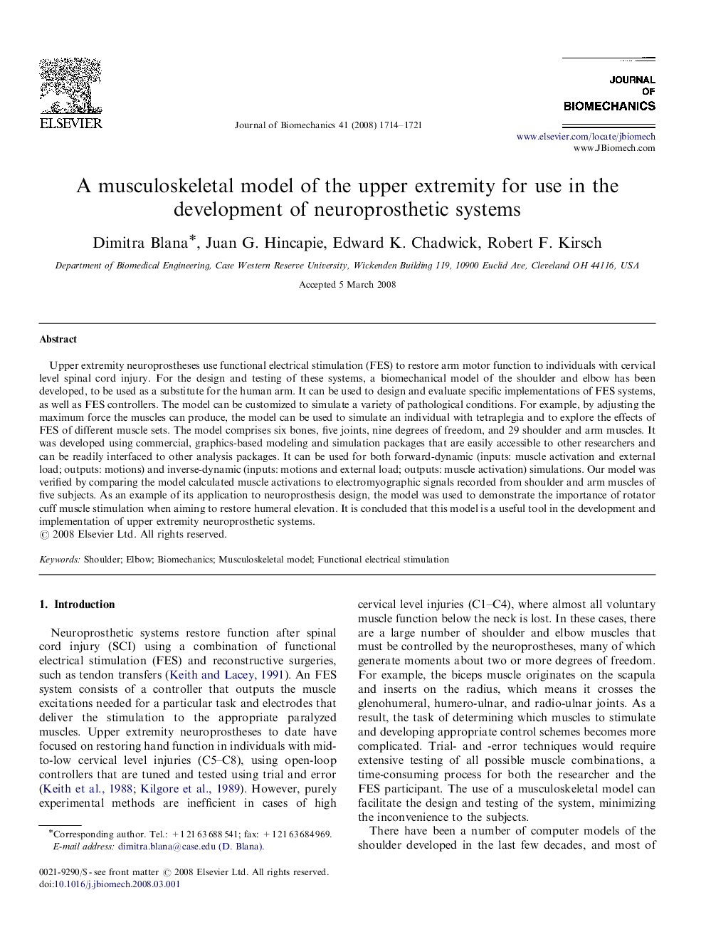 A musculoskeletal model of the upper extremity for use in the development of neuroprosthetic systems