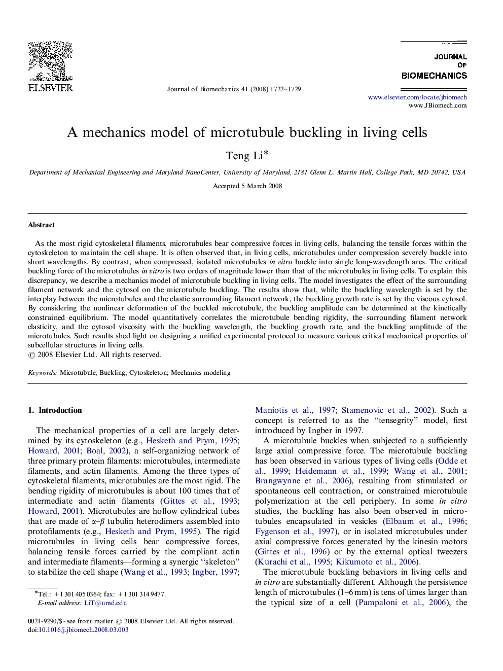 A mechanics model of microtubule buckling in living cells