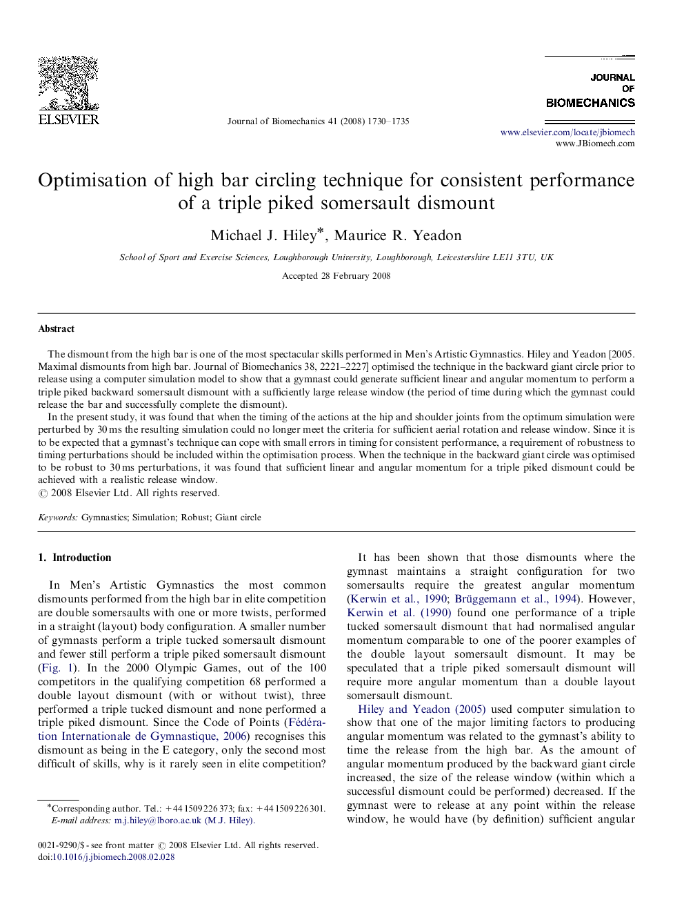 Optimisation of high bar circling technique for consistent performance of a triple piked somersault dismount