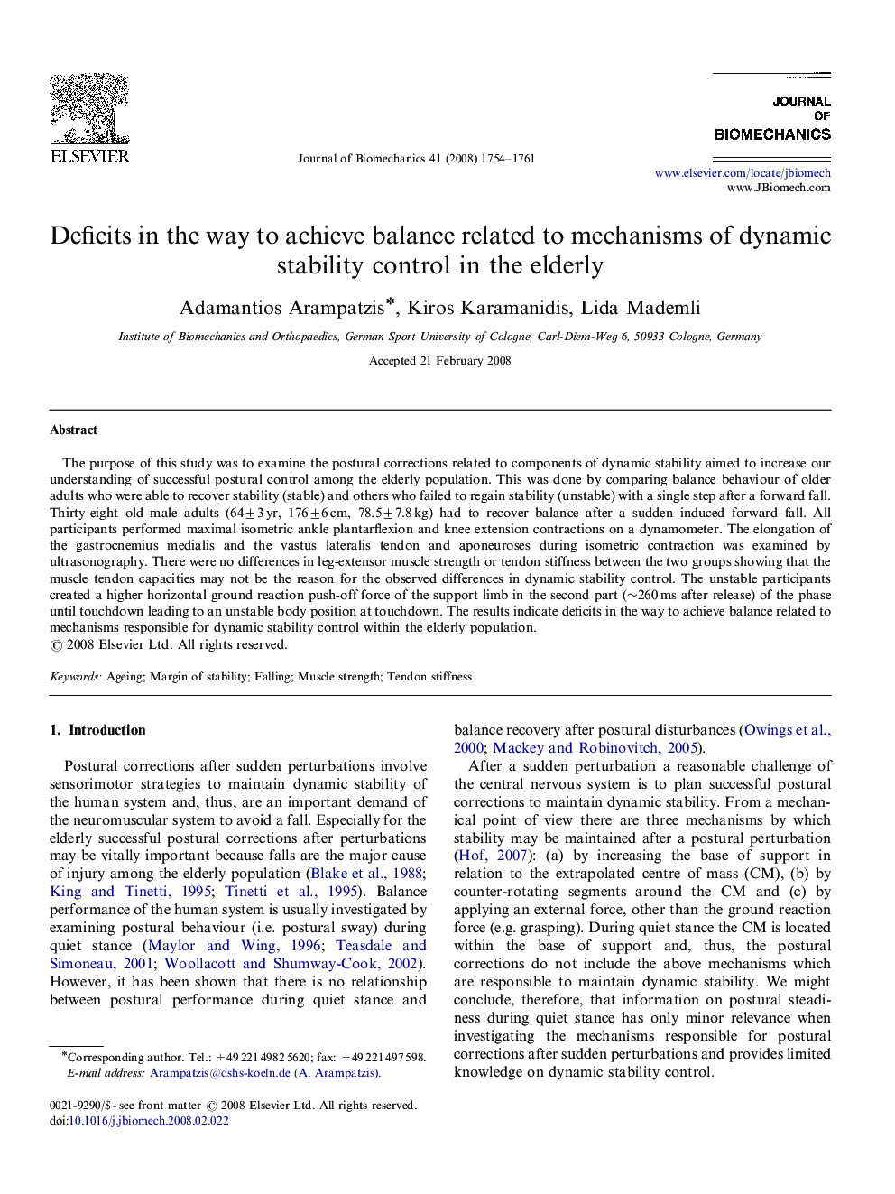 Deficits in the way to achieve balance related to mechanisms of dynamic stability control in the elderly