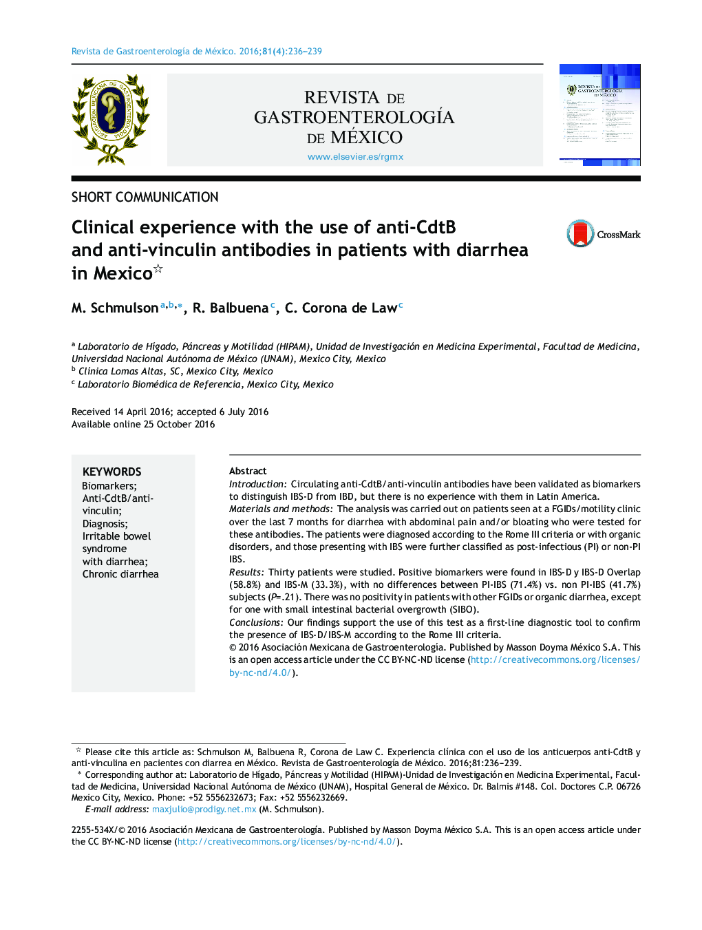 Clinical experience with the use of anti-CdtB and anti-vinculin antibodies in patients with diarrhea in Mexico