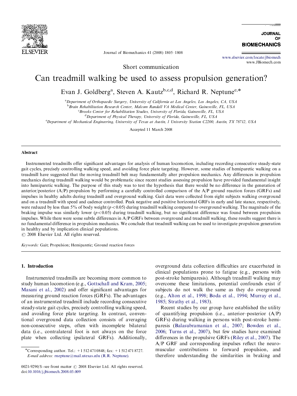 Can treadmill walking be used to assess propulsion generation?