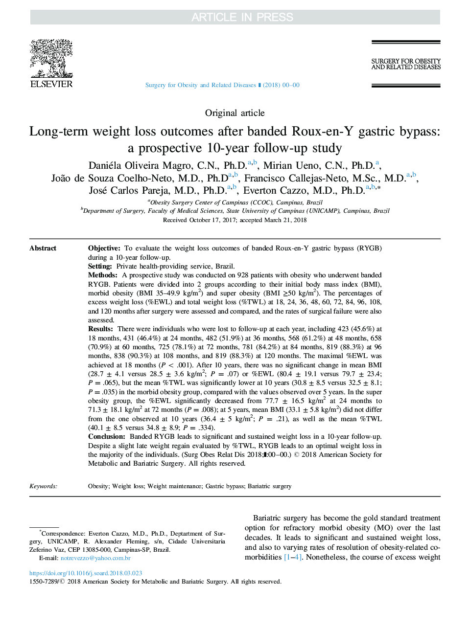 Long-term weight loss outcomes after banded Roux-en-Y gastric bypass: a prospective 10-year follow-up study