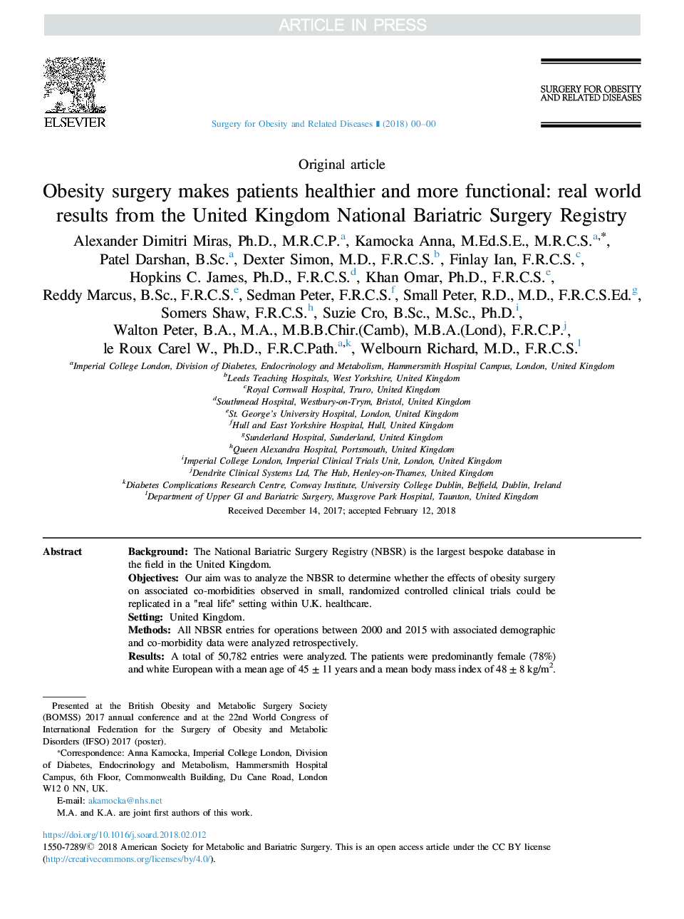 Obesity surgery makes patients healthier and more functional: real world results from the United Kingdom National Bariatric Surgery Registry