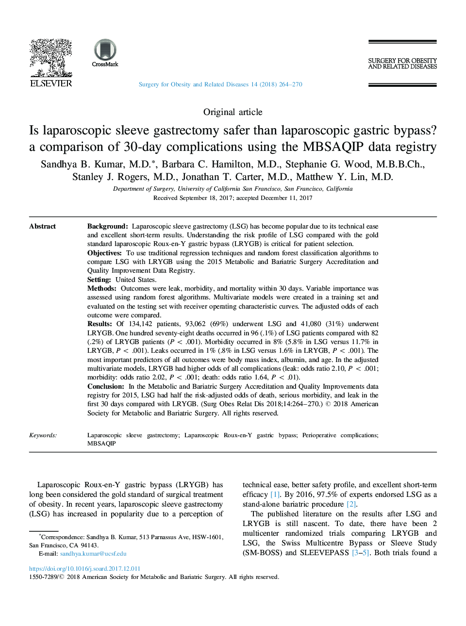 عکس صفحه اول مقاله: Is laparoscopic sleeve gastrectomy safer than laparoscopic gastric bypass? a comparison of 30-day complications using the MBSAQIP data registry Is laparoscopic sleeve gastrectomy safer than laparoscopic gastric bypass? a comparison of 30-day complications using the MBSAQIP data registry
