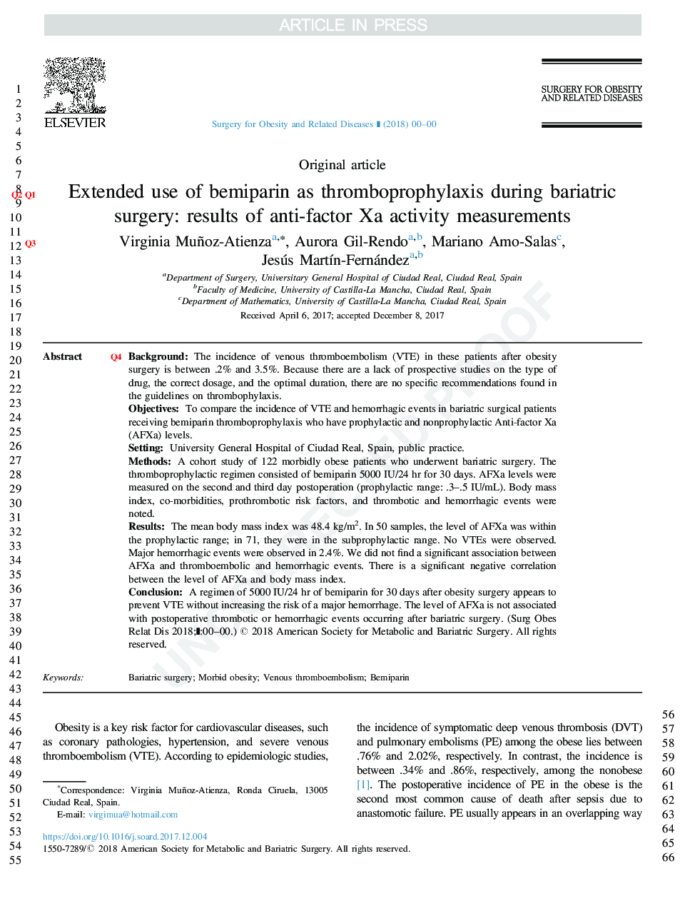 Extended use of bemiparin as thromboprophylaxis during bariatric surgery: results of anti-factor Xa activity measurements