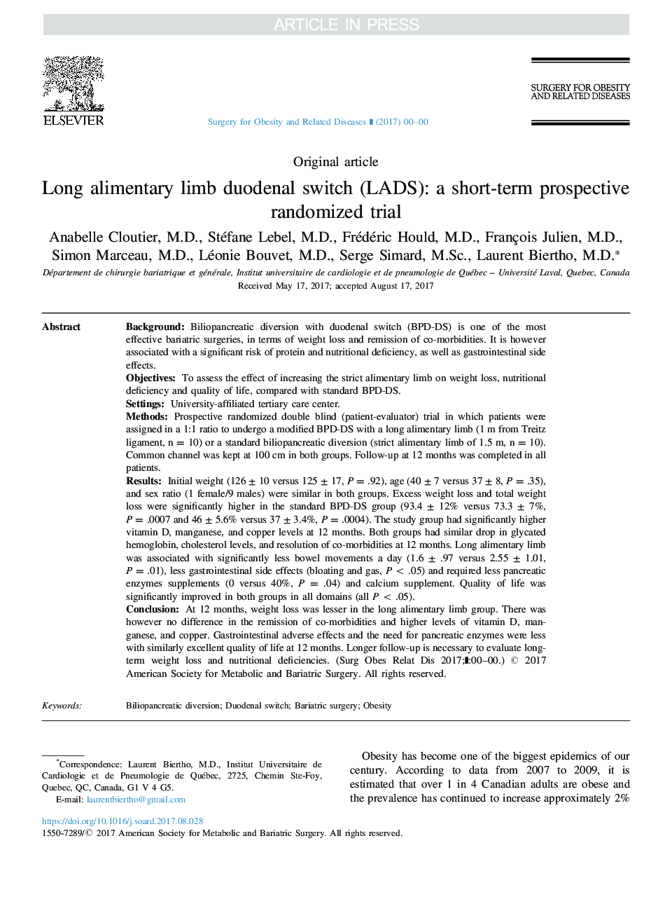 Long alimentary limb duodenal switch (LADS): a short-term prospective randomized trial