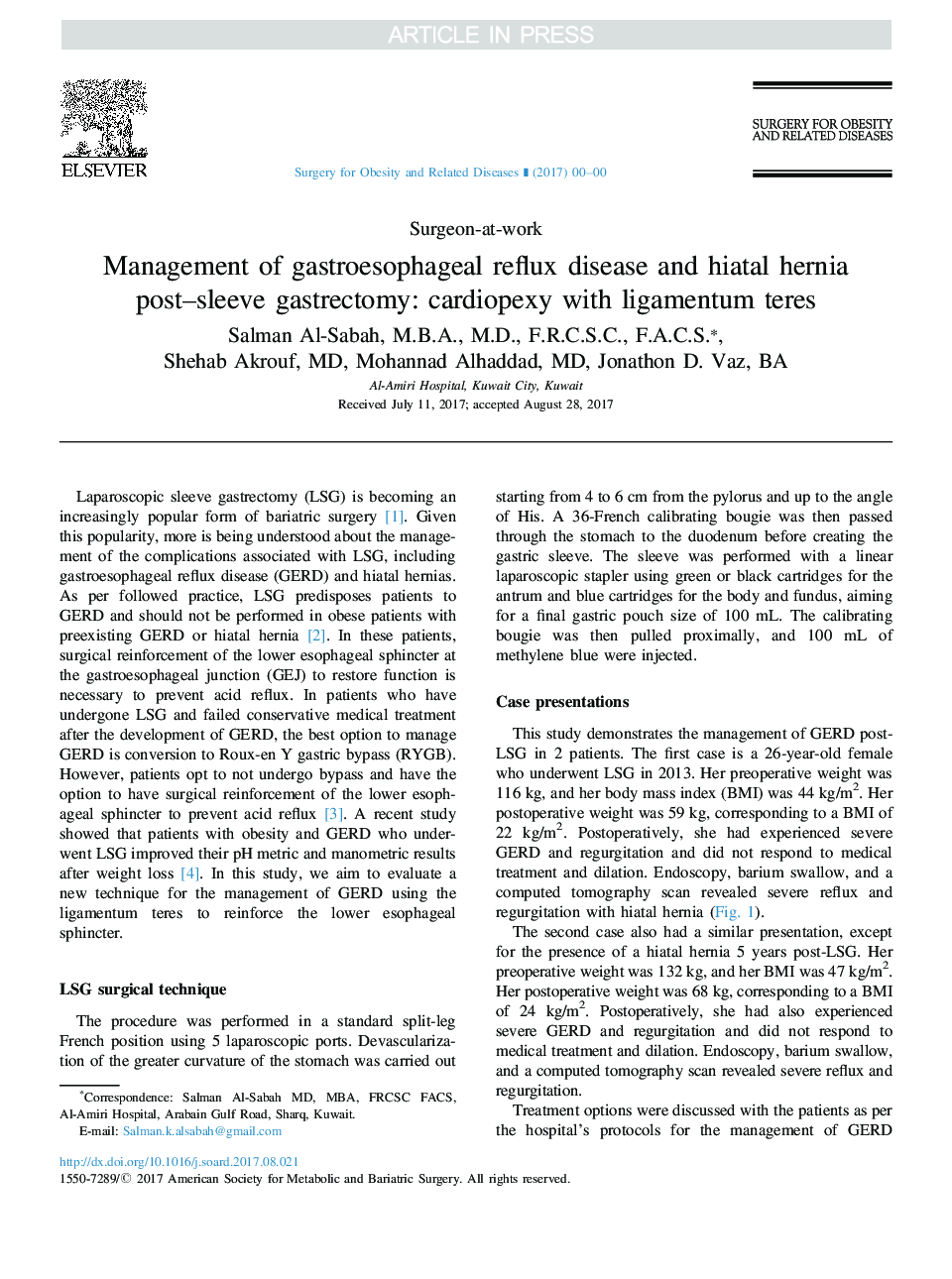 Management of gastroesophageal reflux disease and hiatal hernia post-sleeve gastrectomy: cardiopexy with ligamentum teres