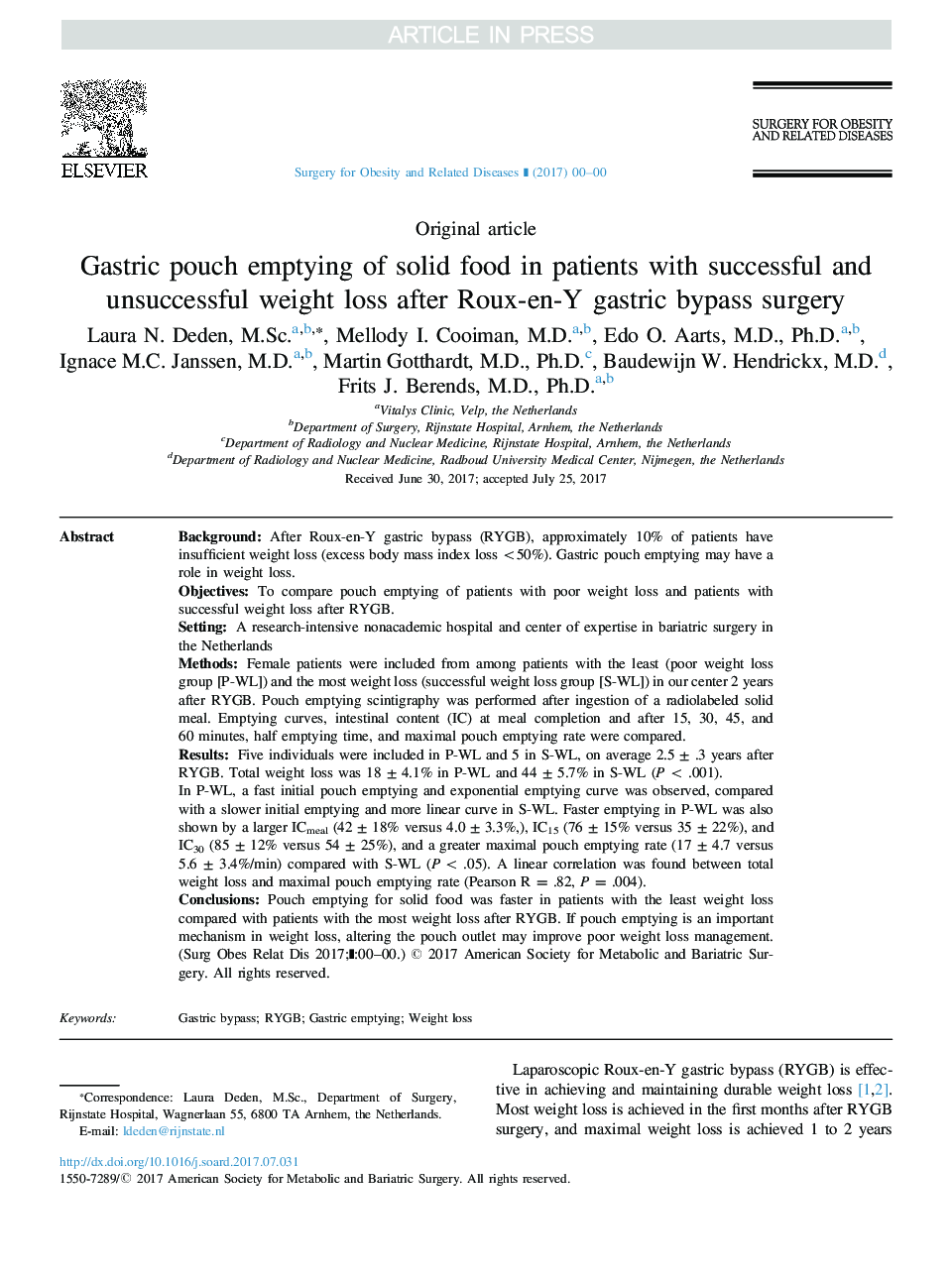 عکس صفحه اول مقاله: Gastric pouch emptying of solid food in patients with successful and unsuccessful weight loss after Roux-en-Y gastric bypass surgery Gastric pouch emptying of solid food in patients with successful and unsuccessful weight loss after Roux-en-Y gastric bypass surgery