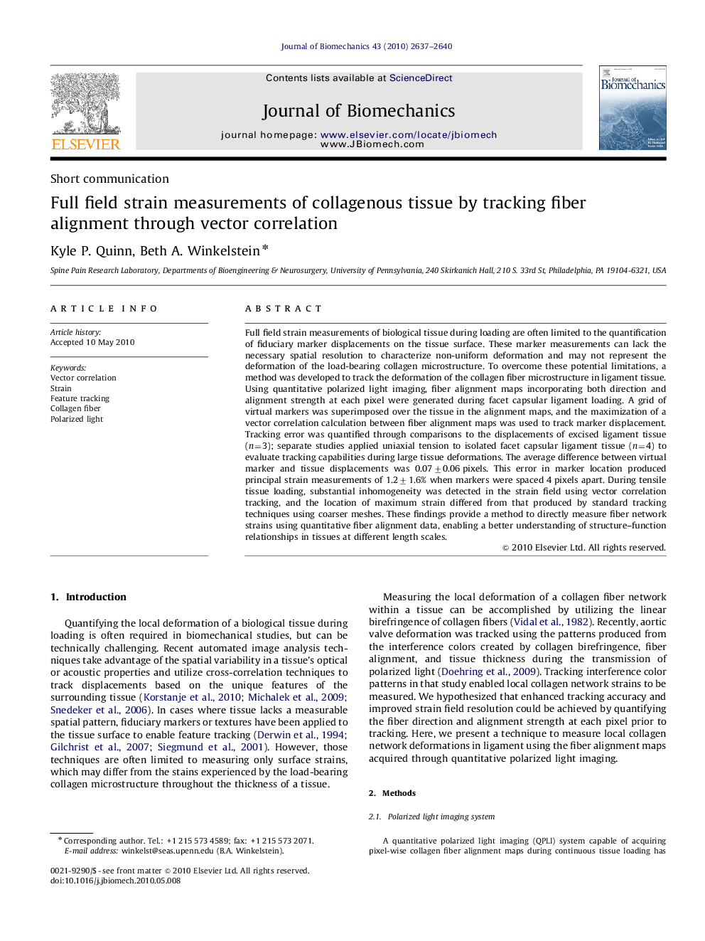 Full field strain measurements of collagenous tissue by tracking fiber alignment through vector correlation